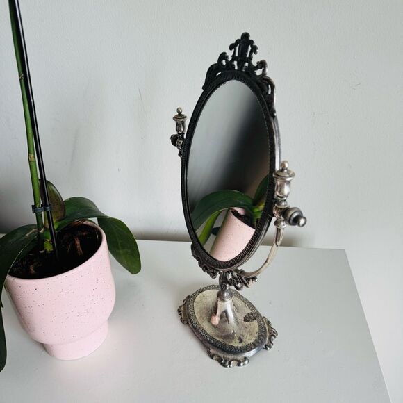 Italian Die Cast Ornate Brass Table Swing Mirror In Silver Finish - Picture 9 of 9